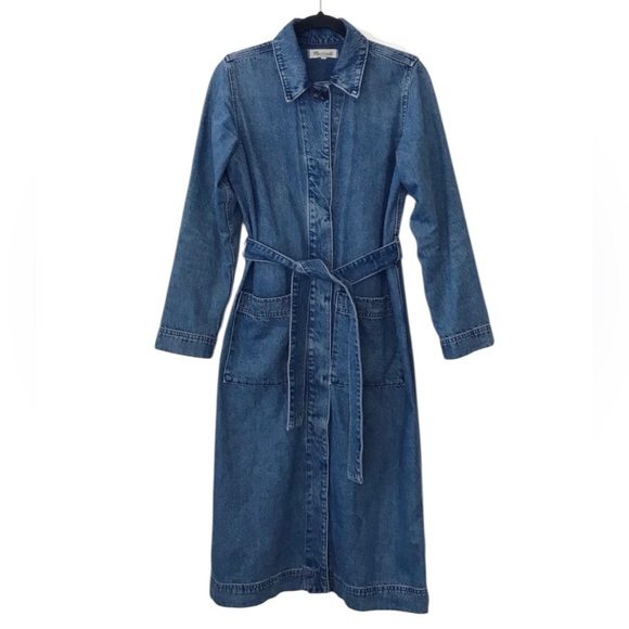 Madewell Blue 100% Cotton Denim Belted Duster Trench Coat Small - Picture 1 of 13
